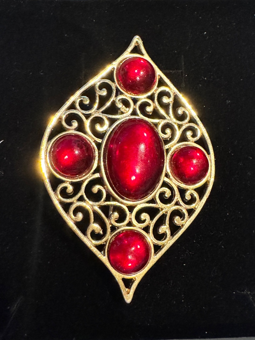 Gold Filigree Brooch with Deep Red Cabochons - Women's Jewelry